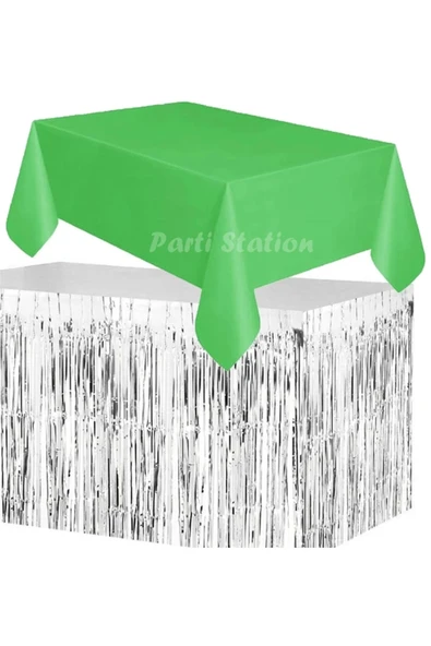 Masa Örtüsü ve Masa Eteği Set Plastik Yeşil Renk Masa Örtüsü Gümüş Renk Metalize Masa Eteği Set ürün görseli