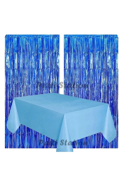 2 Adet Lacivert Renk Metalize Arka Fon Perdesi ve 1 Adet Plastik Mavi Renk Masa Örtüsü Set