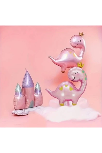 Sevimli Dinozor Konsept Pembe Dinozor ve Pembe Bulut Balon Set Pink Dinosaur Balloon - 5