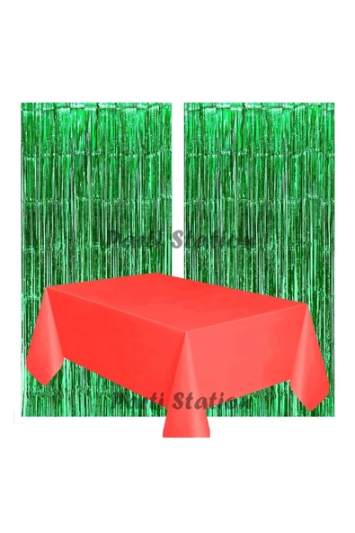 2 Adet Yeşil Renk Metalize Arka Fon Perdesi ve 1 Adet Plastik Kırmızı Renk Masa Örtüsü Set ürün görseli