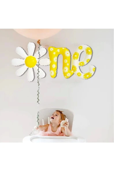 Papatya Tema 1 Yaş One Yazılı Folyo Balon Papatya Konsept One Folyo Balon Daisy One Foil Balloon - Resim 6