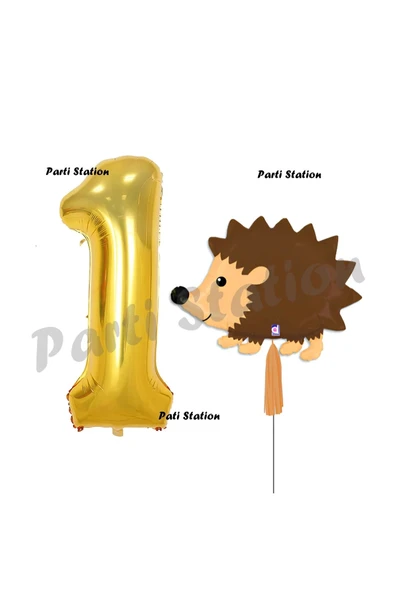 Woodland Kirpi Balon 1 Yaş Balon Set Kirpi Balon ve Gold Rakam Balon Doğum Günü Seti