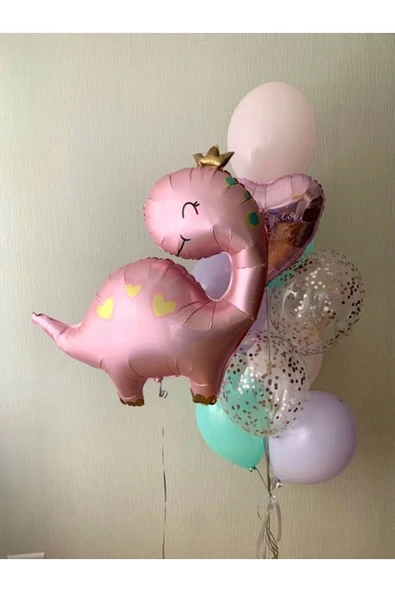 Sevimli Dinozor Konsept Pembe Dinozor Balon Set Pink Dinosaur Balloon Doğum Günü Balon Buketi ürün görseli