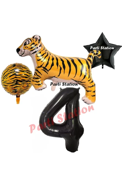 Safari Kaplan Balon 4 Yaş Balon Set Kaplan Balon ve Siyah Rakam Balon Demeti Doğum Günü Seti ürün görseli