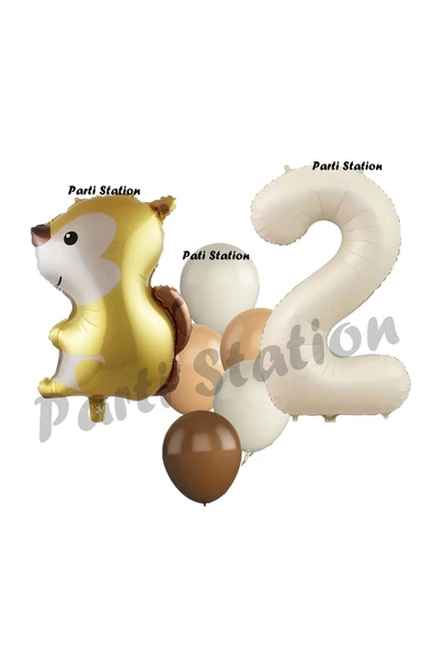 Woodland Sincap Balon 2 Yaş Balon Set Sincap Balon ve Krem Rakam Balon Demeti Doğum Günü Seti