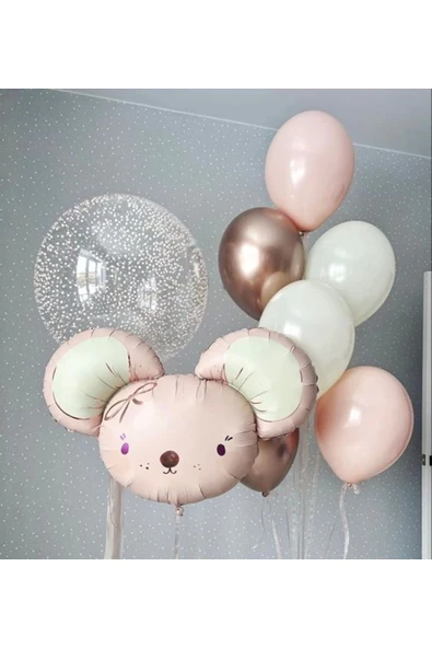 Sevimli Fare Konsept Pembe Fare Balon Set Mouse Balloon Doğum Günü Balon Buketi