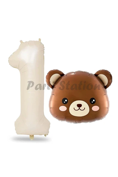 Sevimli Ayıcık Kafa Balon 1 Yaş Balon Set Woodland Konsept Ayı Balon ve Krem Renk Rakam Balon ürün görseli