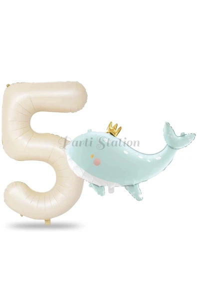 Sevimli Yeşil Balina 5 Yaş Balon Set Deniz Okyanus Canlıları Konsept Balon ve Krem Rakam Balon ürün görseli