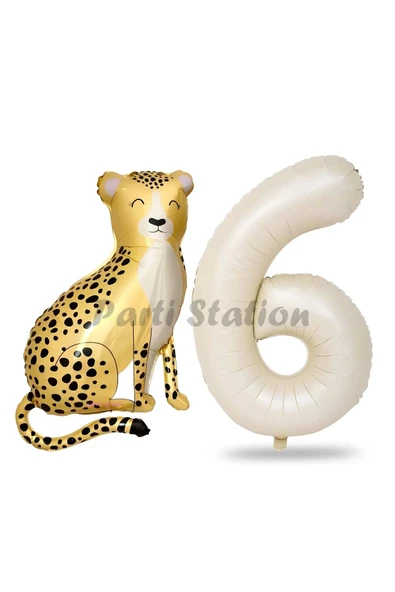 Safari Çita Balon 6 Yaş Balon Set Safari Konsept Çita Balon ve Krem Renk Rakam Balon ürün görseli