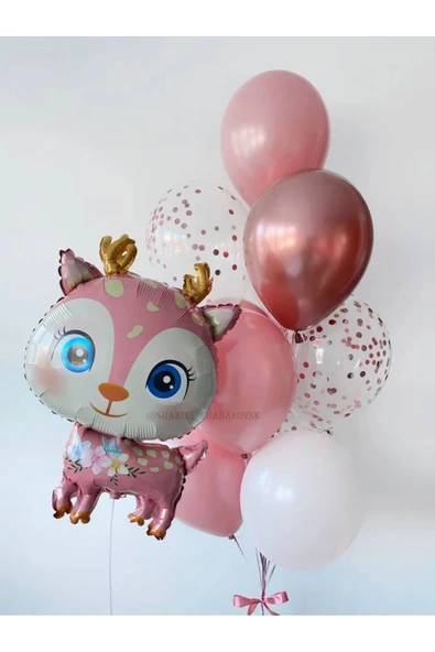 Woodland Konsept Sevimli Geyik Balon Set Pembe Ceylan Balon Deer Balloon Birthday Party Set