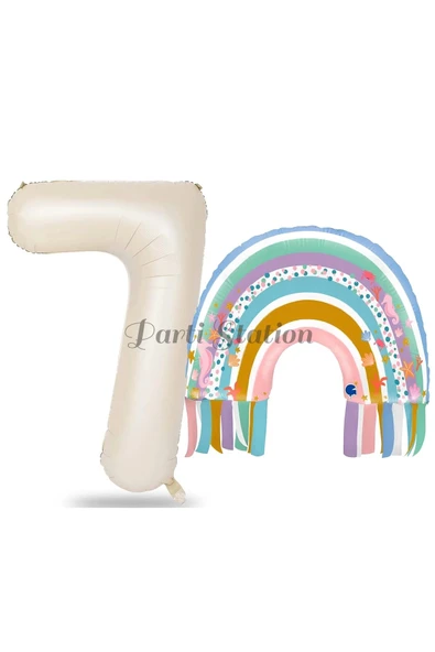 Gökkuşağı 7 Yaş Balon Set Mermaid Rainbow Konsept Balon ve Krem Rakam Balon