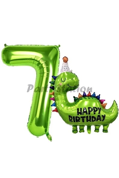 Dinozor Balon 7 Yaş Balon Set Dinozor Konsept Balon ve Yeşil Renk Rakam Balon