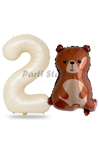 Ayıcık Balon 2 Yaş Balon Set Woodland Konsept Ayı Balon Ve Krem Renk Rakam Balon ürün görseli