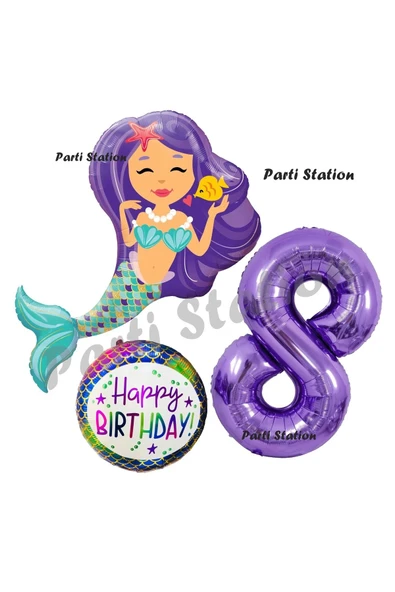 Deniz Kızı Konsept Mermaid Deniz Kızı 8 Yaş Balon Set ve Mor Rakam Balon Doğum Günü Parti Balon Set ürün görseli