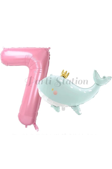 Sevimli Yeşil Balina 7 Yaş Balon Set Deniz Okyanus Canlıları Konsept Balon ve Pembe Rakam Balon ürün görseli