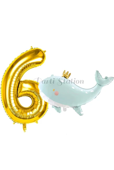 Sevimli Yeşil Balina 6 Yaş Balon Set Deniz Okyanus Canlıları Konsept Balon ve Gold Rakam Balon