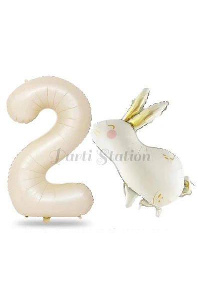 Sevimli Tavşan Rabbit 2 Yaş Balon Set Woodland Konsept Tavşan Balon ve Krem Renk Rakam Balon ürün görseli