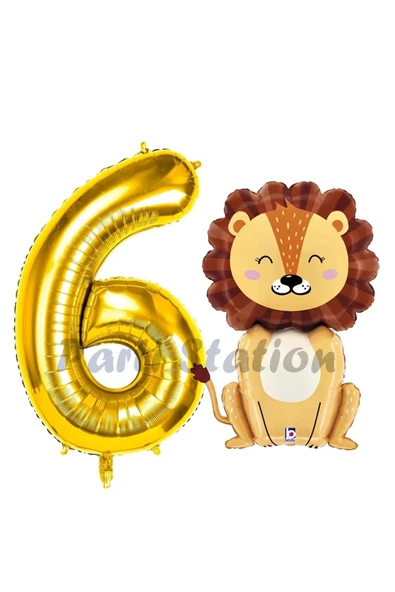 Aslan Balon 6 Yaş Balon Set Safari Konsept Aslan Balon ve Gold Renk Rakam Balon