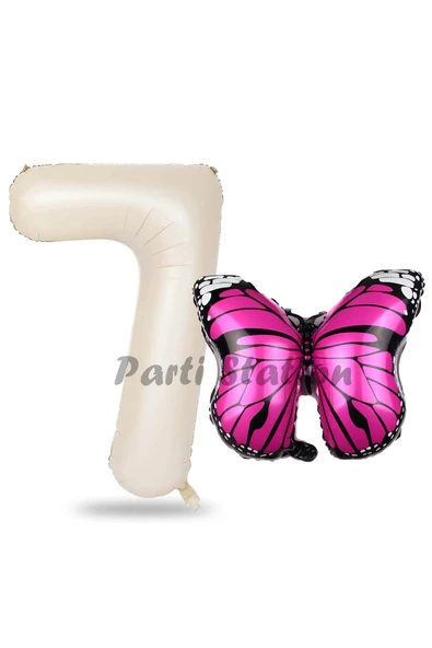 Pembe Kelebek Balon 7 Yaş Balon Set Kelebek Konsept Balon ve Krem Renk Rakam Balon ürün görseli