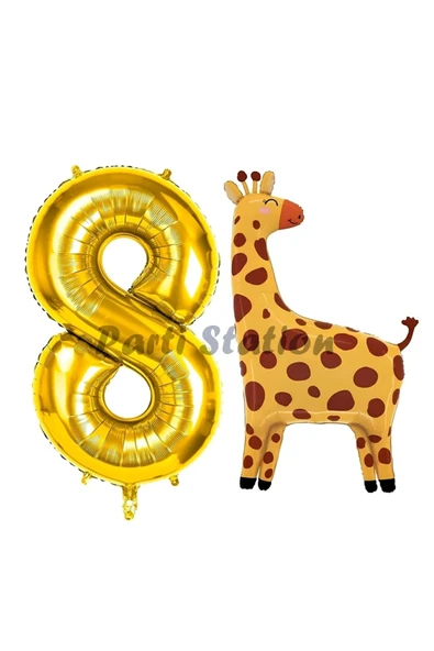 Safari Zürafa Balon 8 Yaş Balon Set Safari Konsept Sevimli Zürafa Balon ve Gold Renk Rakam Balon