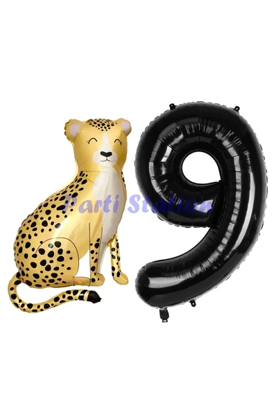 Safari Çita Balon 9 Yaş Balon Set Safari Konsept Çita Balon ve Siyah Renk Rakam Balon ürün görseli