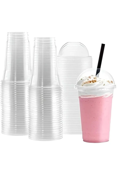 Plastik Şeffaf Bardak Kapaklı Milkshake Bardağı Kahve Bardağı Soğuk Içecek Bardağı 400-450ml 50 Adet