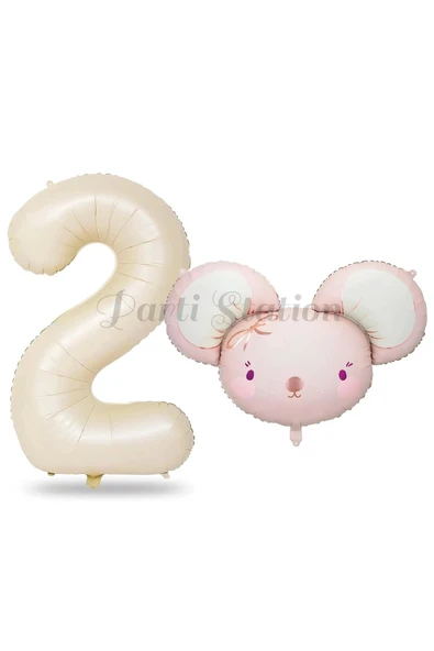 Pink Mouse 2 Yaş Balon Set Sevimli Pembe Fare Konsept Balon ve Rengarenk Rakam Balon Hamster Balon