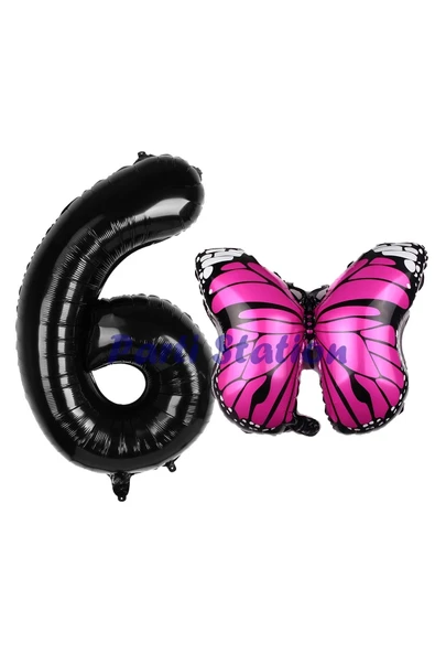 Pembe Kelebek Balon 6 Yaş Balon Set Kelebek Konsept Balon ve Siyah Renk Rakam Balon ürün görseli