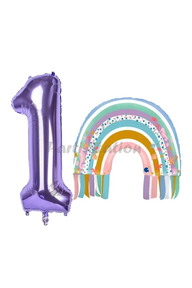 Gökkuşağı 1 Yaş Balon Set Mermaid Rainbow Konsept Balon ve Mor Rakam Balon ürün görseli