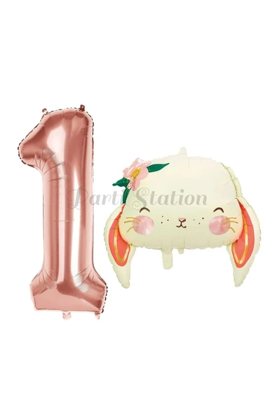 Sevimli Tavşan 1 Yaş Balon Set Woodland Hayvanlar Konsept Tavşan Balon ve Rosegold Renk Rakam Balon