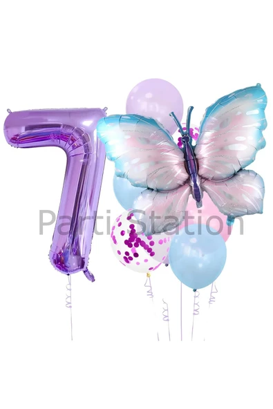 Mavi Pembe  Kelebek 7 Yaş Mor Rakam Balon Set Kelebek Konsept Doğum Günü Balon Set