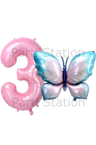 Pembe Mavi Kelebek ve Pembe Rakam Balon 3 Yaş Balon Set Kelebek Konsept Doğum Günü Folyo Balon Set