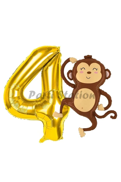 Safari Maymun Balon 4 Yaş Balon Set Safari Konsept Sevimli Maymun Balon ve Gold Renk Rakam Balon