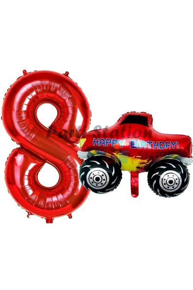 Canavar Kamyon Pikap 8 Yaş Balon Set Arabalar Konsept Canavar Kamyon Balon ve Kırmızı Rakam Balon