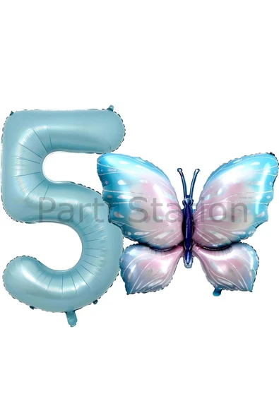 Pembe Mavi Kelebek ve Mavi Rakam Balon 5 Yaş Balon Set Kelebek Konsept Doğum Günü Folyo Balon Set ürün görseli