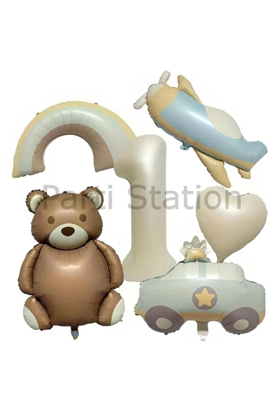 Retro Ayıcık Uçak Polis Arabası Gökkuşağı Konsept 1 Yaş Balon Set Retro Konsept Doğum Günü Balon Set ürün görseli