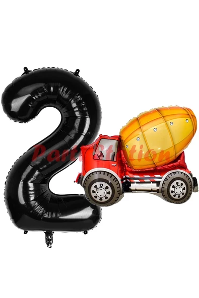 İnşaat Mikser Kamyonu Balon 2 Yaş Doğum Günü Balon Set İş Makinaları Konsept ve Siyah Rakam Balon