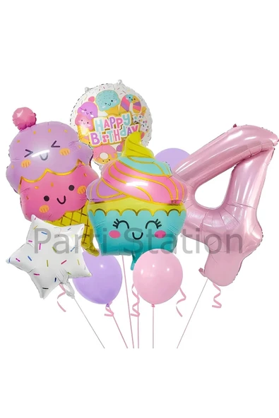 Cupcake Dondurma 4 Yaş Balon Set Şeker Dondurma Candy Balon İce Cream Konsept Doğum Günü Balon Set ürün görseli