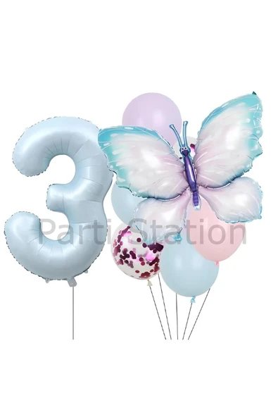 Pembe Mavi Kelebek 3 Yaş Balon Set Kelebek Konsept Doğum Günü Balon Balon Set