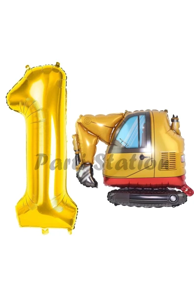 İnşaat Kepçe Kamyon Balon 1 Yaş Doğum Günü Balon Set İş Makinaları Konsept ve Gold Rakam Balon