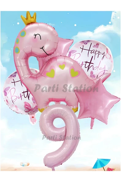 Pembe Dinozor Konsept 9 Yaş Balon Set Sevimli Pembe Dinozor Doğum Günü Folyo Balon Set