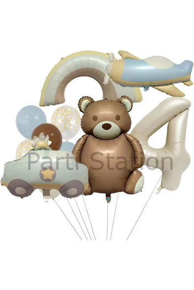 Retro Ayıcık Polis Arabası Gökkuşağı Uçak Konsept 4 Yaş Balon Set Retro Konsept Doğum Günü Balon Set ürün görseli