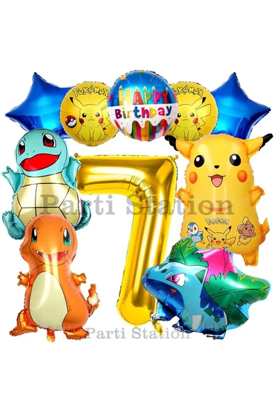 Pokemon Konsept 7 Yaş Doğum Günü Balon Set Pokemon Pikaçu Balbazar Çarmender Sikörtıl Balon ürün görseli
