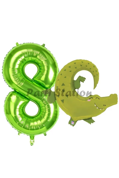 Safari Timsah Balon 8 Yaş Doğum Günü Balon Set Safari Konsept Timsah Balon ve Yeşil Renk Rakam Balon