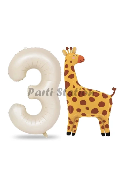 Safari Zürafa Balon 3 Yaş Balon Set Safari Konsept Sevimli Zürafa Balon ve Krem Renk Rakam Balon ürün görseli