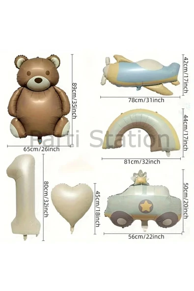 Retro Ayıcık Uçak Polis Arabası Gökkuşağı Konsept 1 Yaş Balon Set Retro Konsept Doğum Günü Balon Set - Resim 2