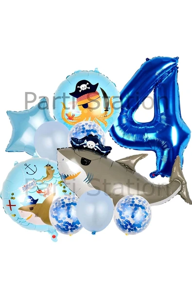 Korsan Köpek Balığı Konsept 4 Yaş Balon Set Korsan Shark Tema Doğum Günü Folyo Balon Set