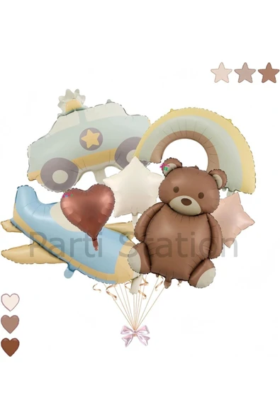 Retro Ayıcık Polis Arabası Gökkuşağı Uçak Konsept Balon Set Retro Konsept Doğum Günü Balon Set ürün görseli