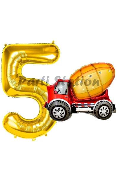 İnşaat Mikser Kamyonu Balon 5 Yaş Doğum Günü Balon Set İş Makinaları Konsept ve Gold Rakam Balon ürün görseli