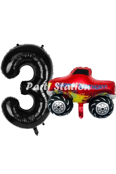 Canavar Kamyon Pikap 3 Yaş Balon Set Arabalar Konsept Canavar Kamyon Balon ve Siyah Renk Rakam Balon ürün görseli